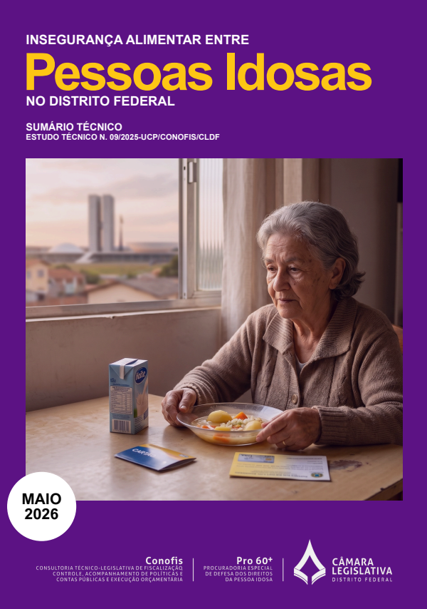 Capa da Revista Insegurança Alimentar entre Pessoas Idosas no Distrito Federal. Abaixo do título o texto: "Sumário Técnico. Estudo Técnico número 09/2025-UCP/Conofis/CLDF".